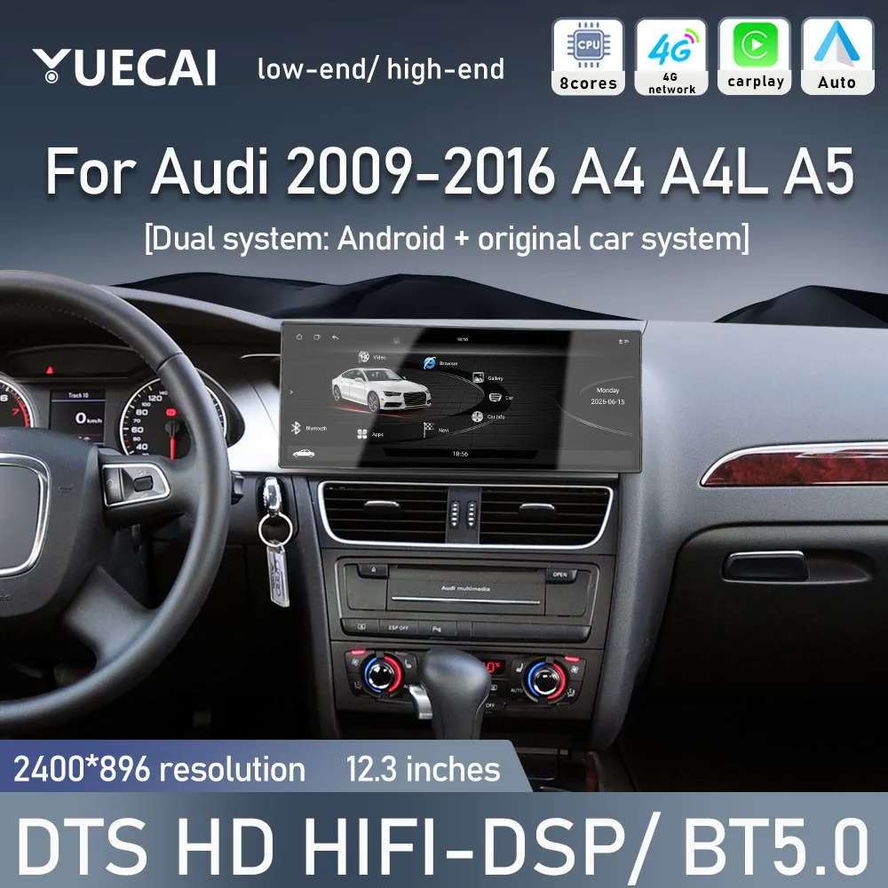 12.3 Inch  Android 13 Wireless Carplay Car Screen For Audi A4 A4L A5 2009-2016 GPS Navigation Multimedia Stereo Player 4G WIFI