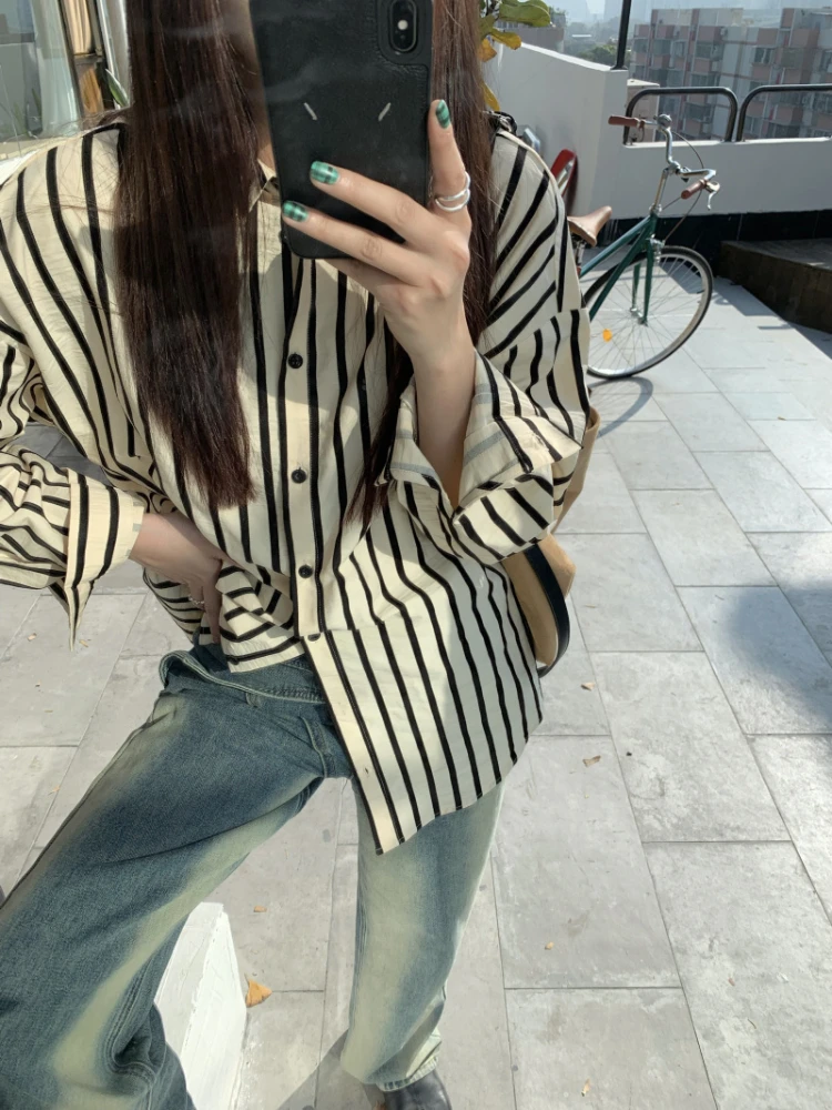 Shirts Women Striped Spring Fashion Tender Simple Simple Daily All-match Turn-down Collar Chic Charming Youthful Long Sleeve New