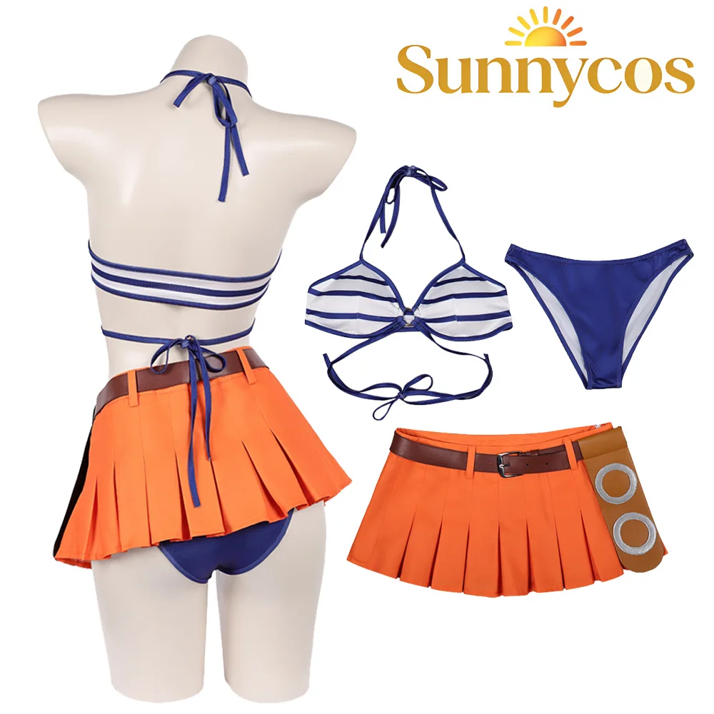 Women Nami Cosplay Costume Swimsuit Bra Tops Skirt Shorts TV Pirate Bikinis Suit Disfraz Beach Swimwear Halloween Carnival Cloth