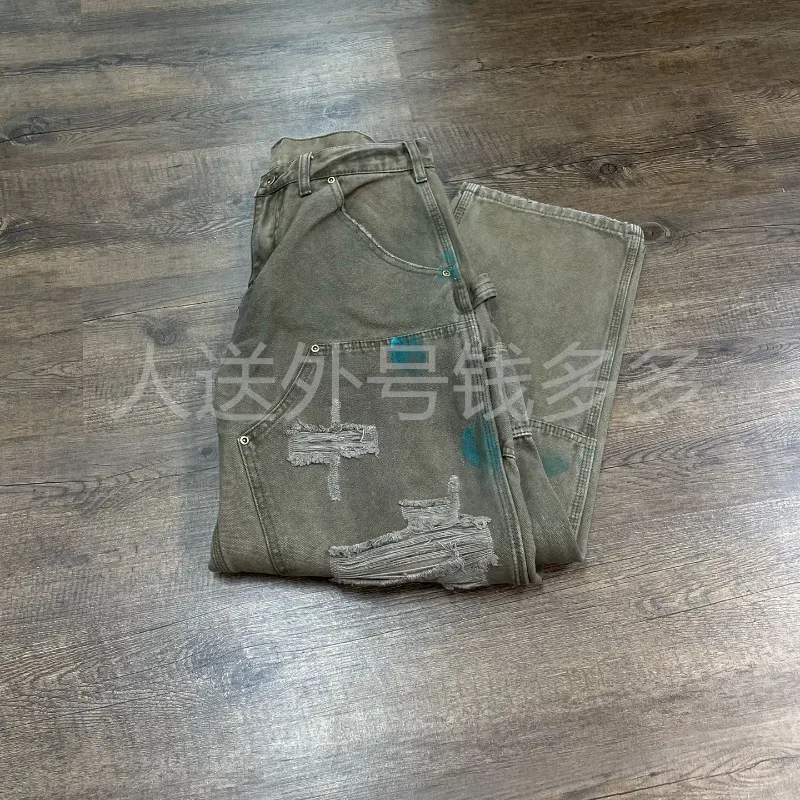 Saint Damaged Splashed Ink Wide Leg Straight Pants Heavy-duty Vintage Logging Workwear Cargo Trousers Men Women Four Seasons