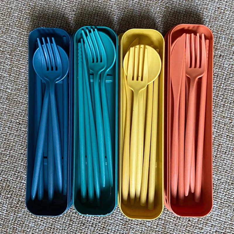 4Pcs Wheat Straw Dinnerware Set Portable Tableware Knife Fork Spoon Eco-Friendly Travel Cutlery Set Utensil Box Chopsticks Set