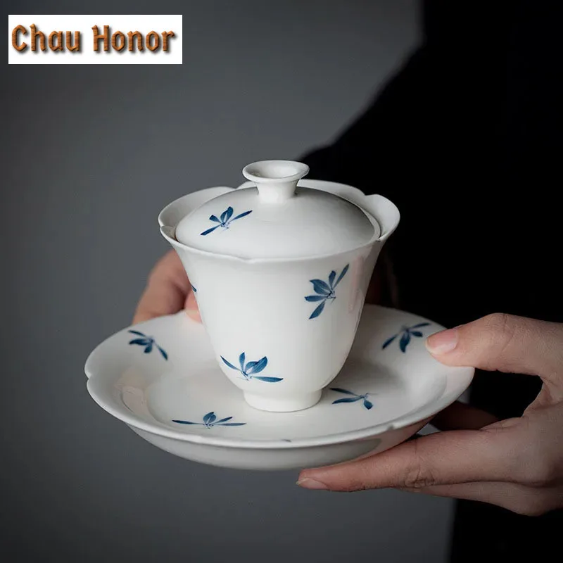 100ml Boutique Pure Handpainted Butterfly Orchid Art Tea Tureen White Porcelain Sunflower Mouth Tea Maker Gaiwan Ceramic Teaware