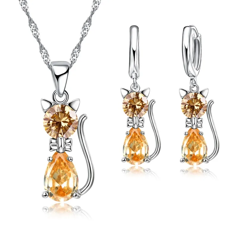 925 Silver CZ Cute Cat Necklace & Hoop Earring Set - Image 5