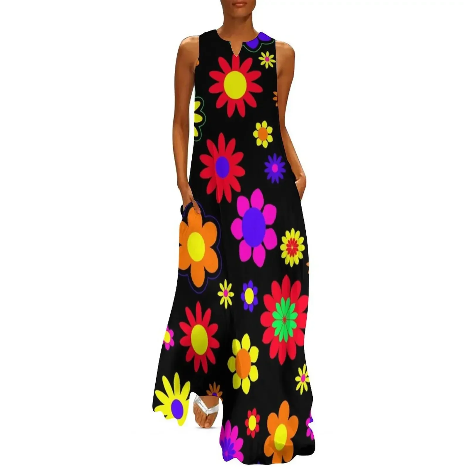 

Retro Hippie Flower Power Pattern Long Dress womens dress summer dress korean women