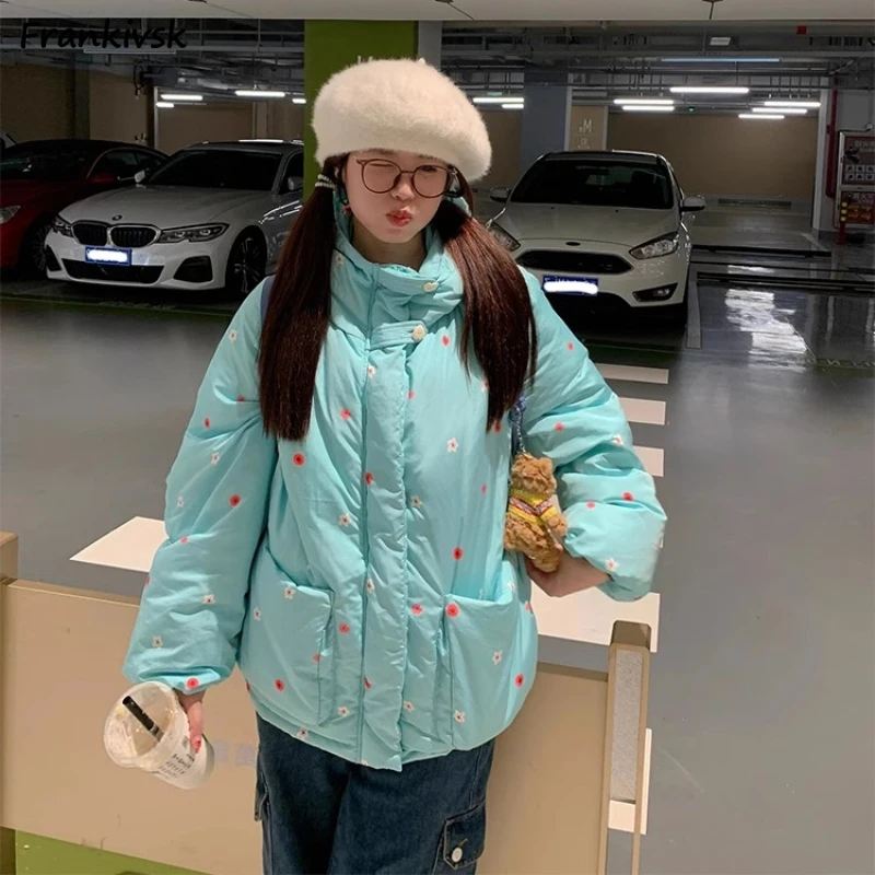 פרווה פרחונית ירוק נשים פריות שיק עבות רופף ואסתטי עם מעילים חמים סגנון prepy רך בנות חורף רך