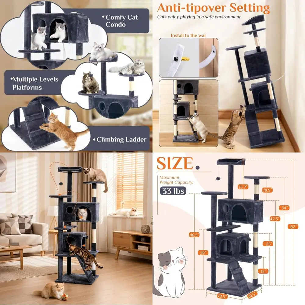 

Large 62 Grey Cat Tower with Multi-Level Platforms, Scratching Post, and Cozy Spaces for Big Cats