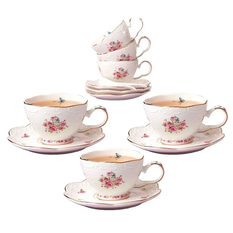 

7 Oz Porcelain Tea Sets Flower Series Tea Cup and Saucer SetCoffee Cup Set with Saucer and Spoon FDTCS11 Set of 6