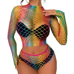 Erotic Sex Costume Womens Lingerie Cosplay Rainbow Two-piece Set Bodysuit Fantasia Sexys Feminina Erotic Sheer Underwear Set