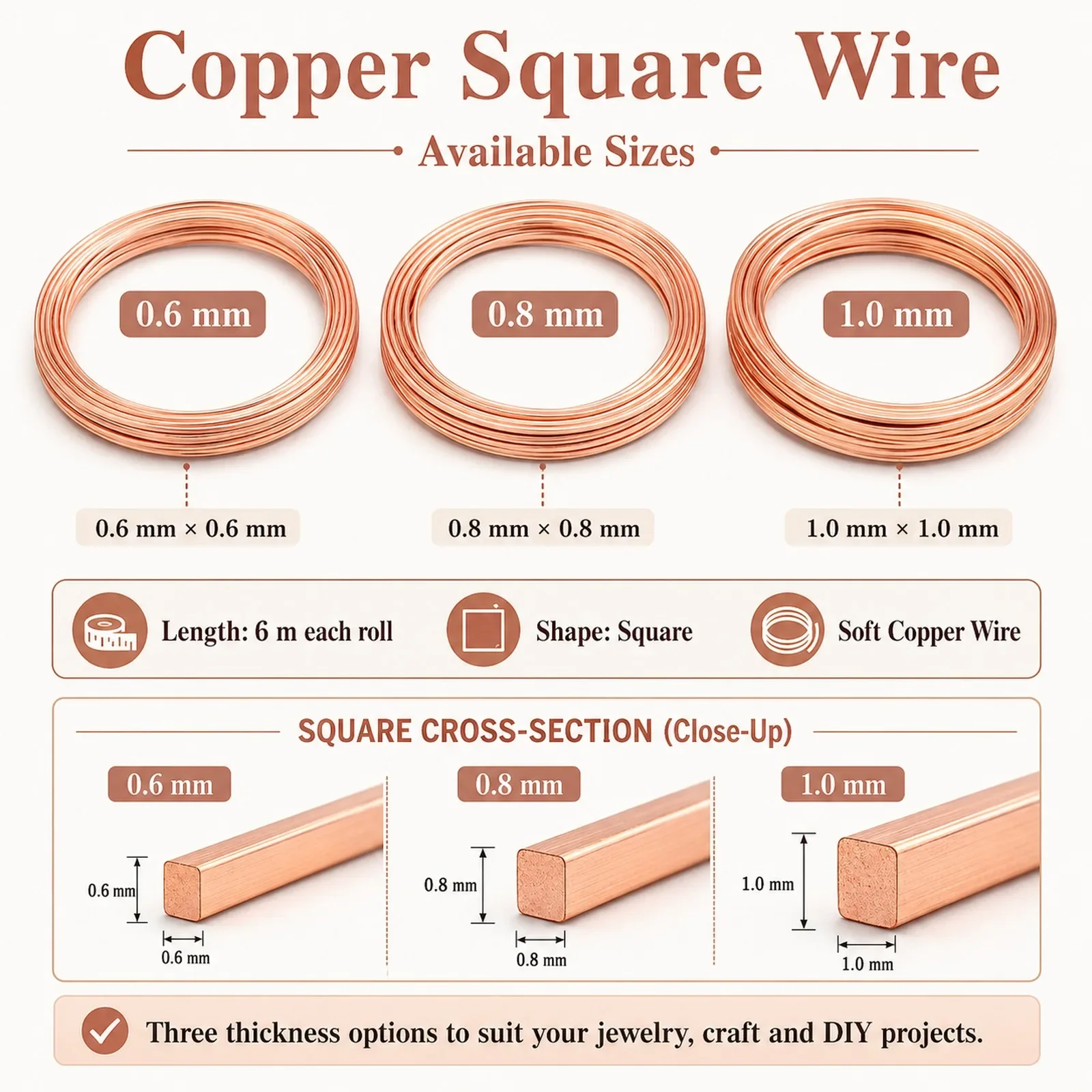 1-5Roll Square Coppers Wire 0.6-1mm, Bare Coppers Flat Wire Jewelry Making DIY Craft Accessories Supplies