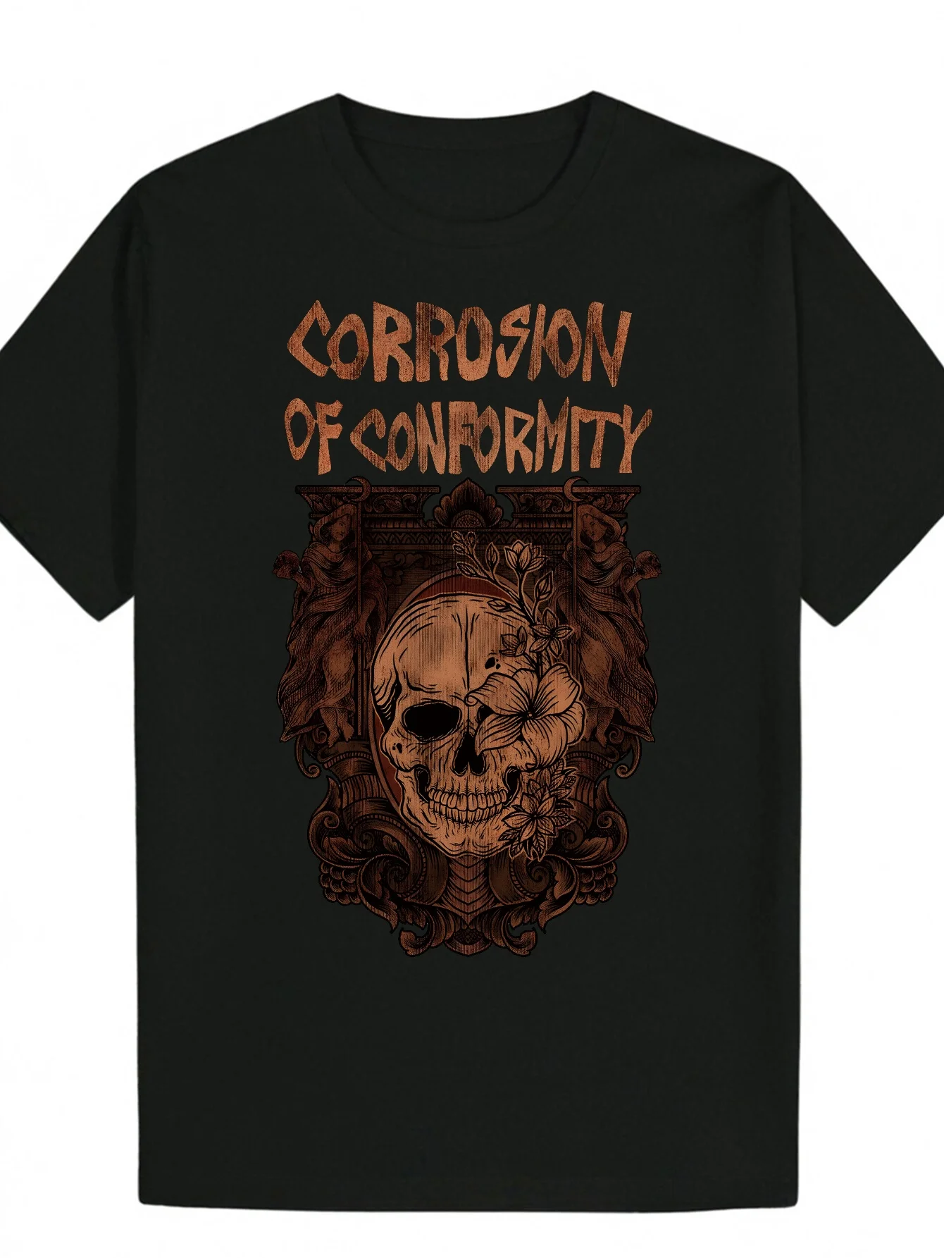 Men's gothpunk t-shirt with anarchist letters and ornate skull and bat wings tattoo design-Corruption slogan of CONFORMITY-black and white contrast short-sleeved t-shirt suitable for concerts
