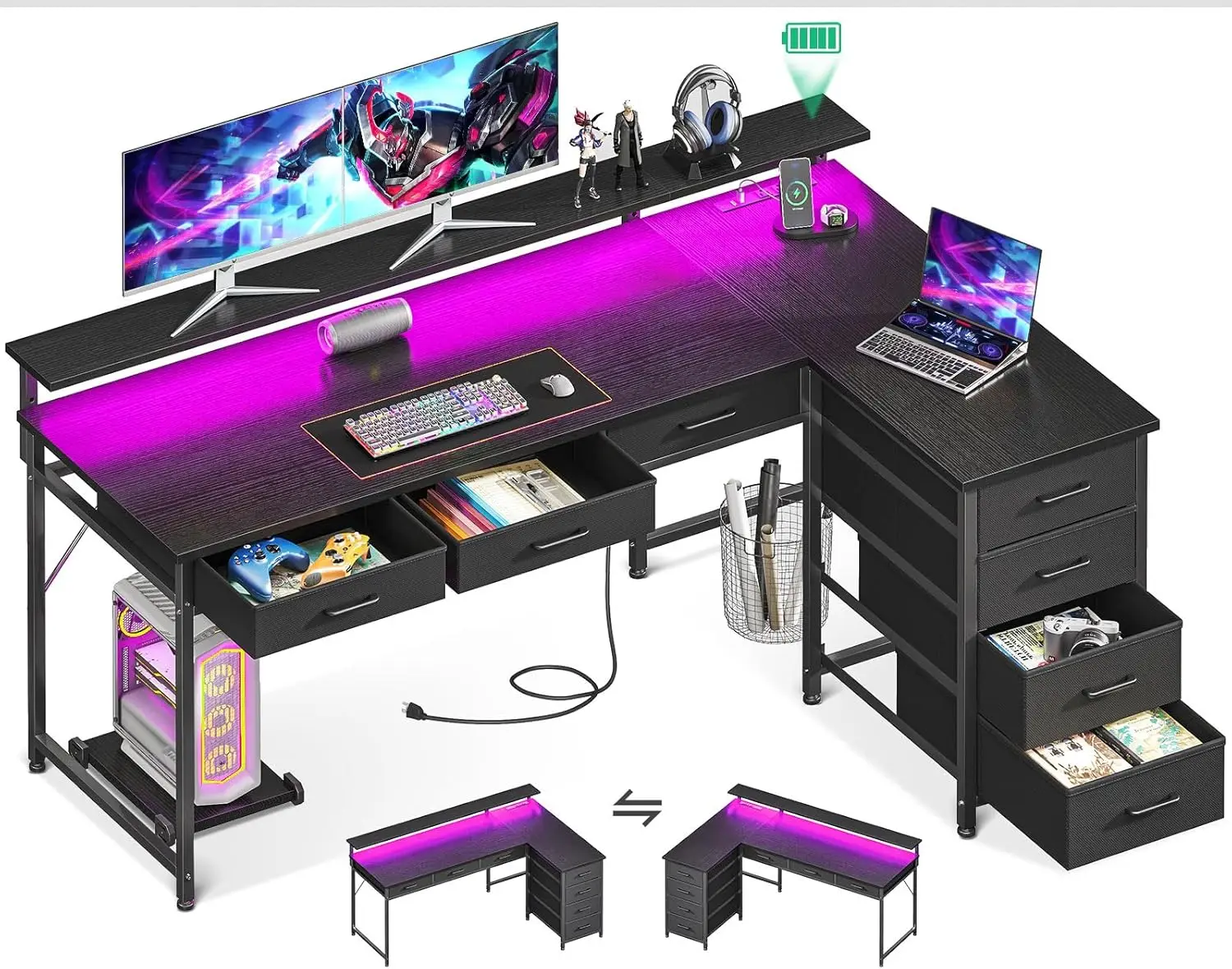 

53" L Shaped Desk with 7 File Drawers, Gaming Desk with LED Light & Power Outlet, Reversible Home Office Desk with Monitor