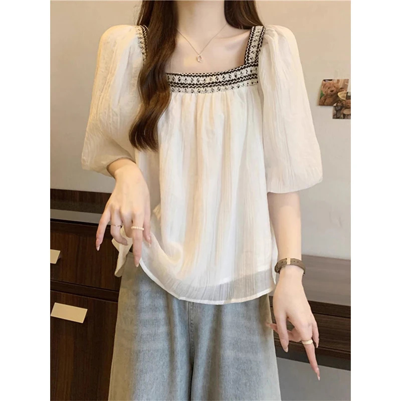 Women Summer Simplicity Loose Temperament Embroidered Square Collar Short Sleeve Shirts Women Clothes Casual All-match Thin Tops