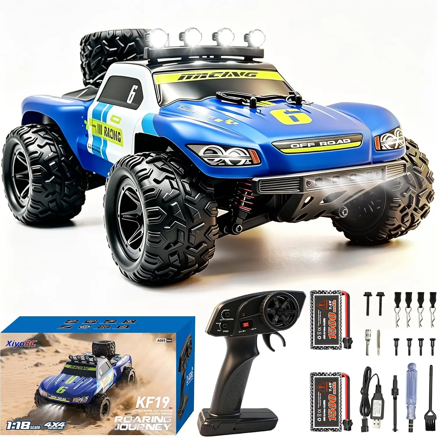 1:18 RC Car for Adults - 4X4 All-Terrain Remote Control Truck, 40 KM/H High Speed Buggy with 2 Batteries, IPX4 Waterproof, 2.4GHz Remote, Head Lights