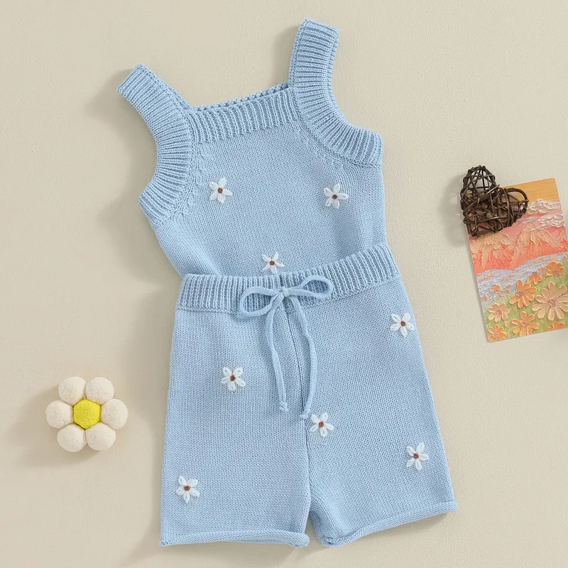 Newborn Baby Girl Knit Short Sets Summer Clothes Flower Embroidered Camisoles Tank Tops Drawstring Elastic Waist Shorts Suit