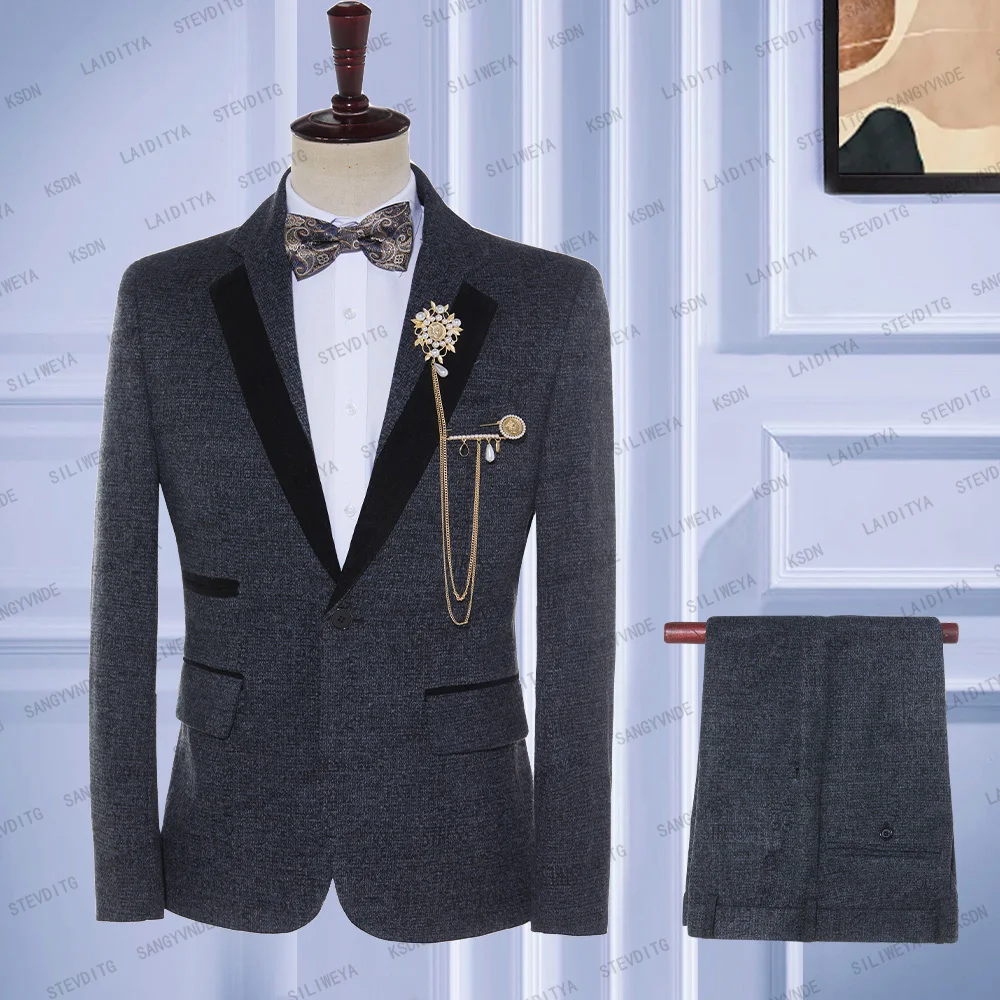 

2023 New Casual Gentleman Wedding Groom Men Suits Blue Black Mixed Letter Pattern Velvet Lapel Slim Fit 2 Pcs Set Jacket Pants