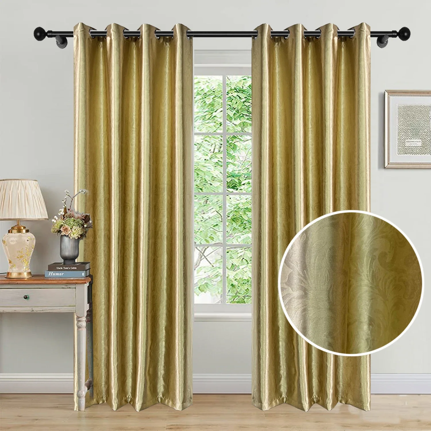 Golden European Jacquard Blackout Curtains ,Leaf Embossed Botanical Thermal Insulated Window Treatment For Living Room Decor