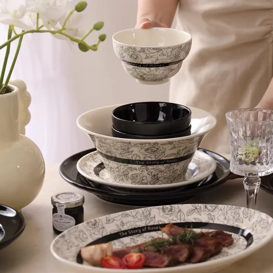 2026Black Rose Bowl Plates Full Set Household High Beauty Ceramic Tableware