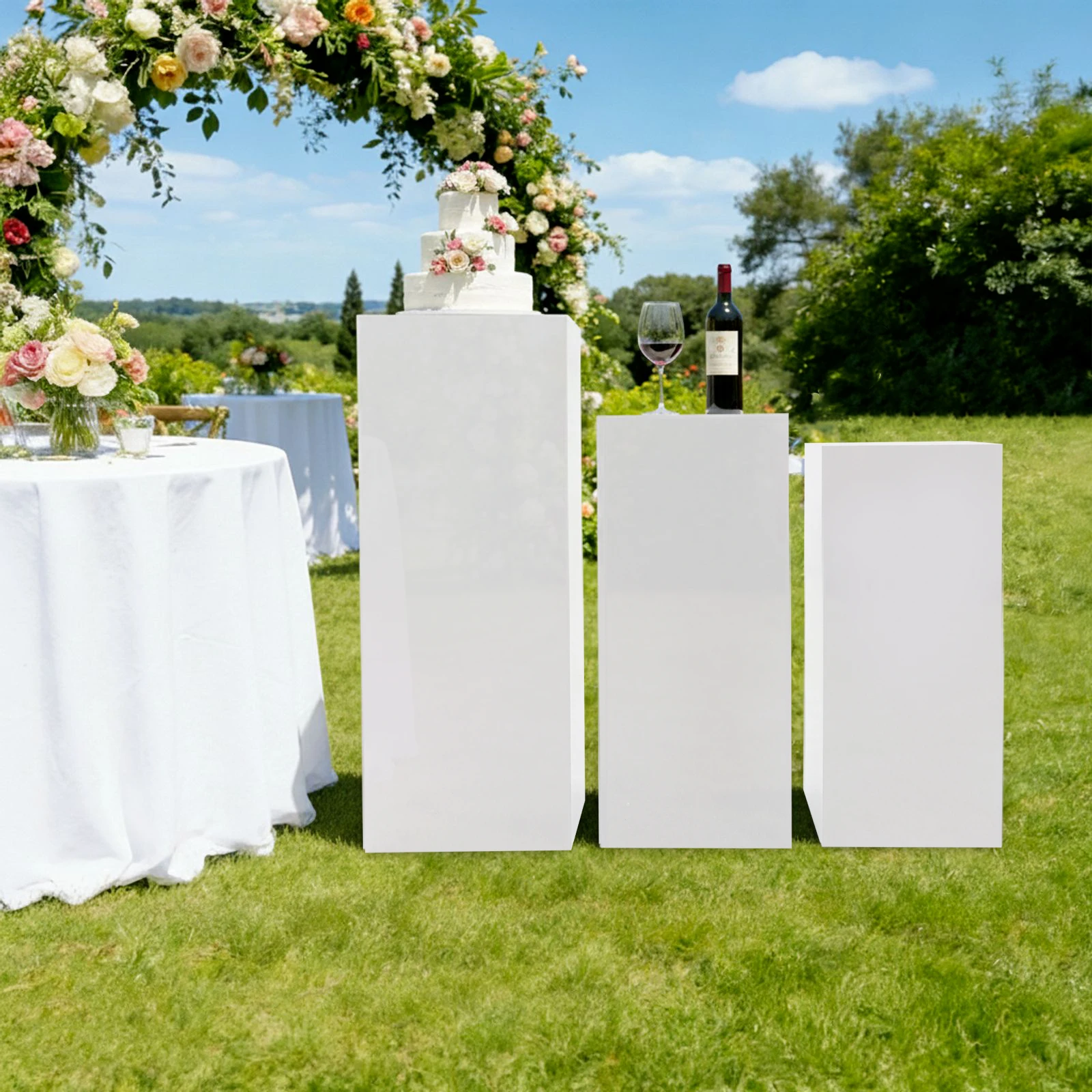 3 Pack Acrylic Display Stands, Set 3 Sizes Floorstanding Pillar Stands With Rectangular Square Base, White/Black Display Rack For Wedding, Dessert Party, Product Exhibition Decor