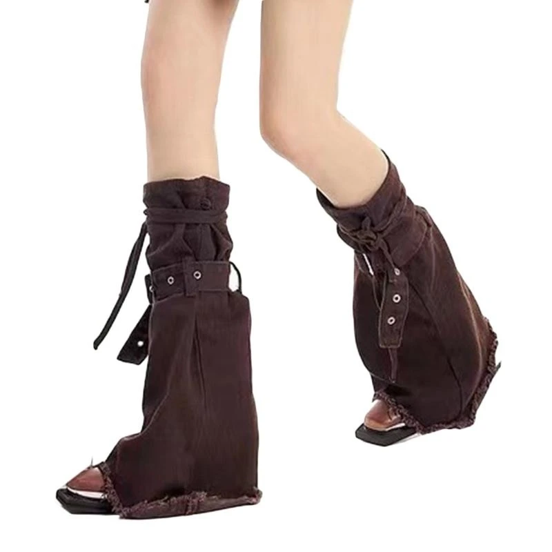 Fashionable Leg Warmer with Buckled Bandages Punk Frayed Flared Jeans Long Sock 15UB