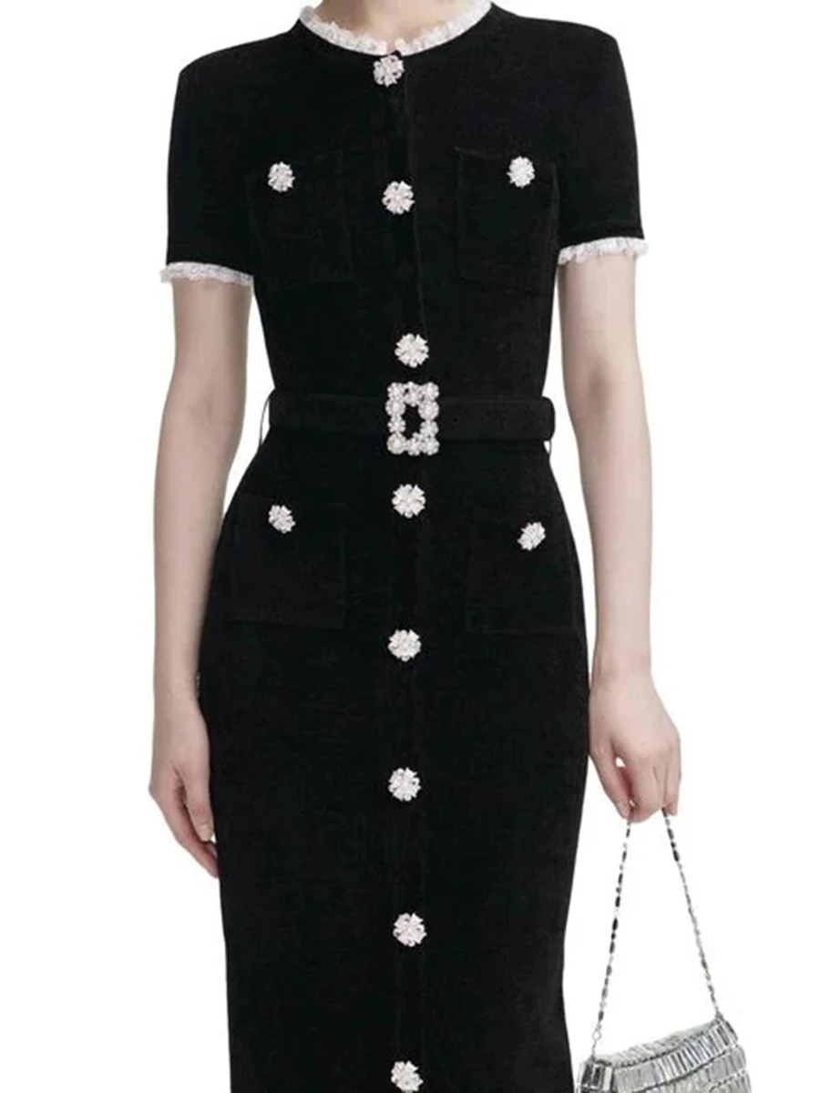 VGH Temperament Vintage Slimming Solid Dresses For Women Round Neck Short Sleeve High Waist Elegant Dress Female Fashion Style