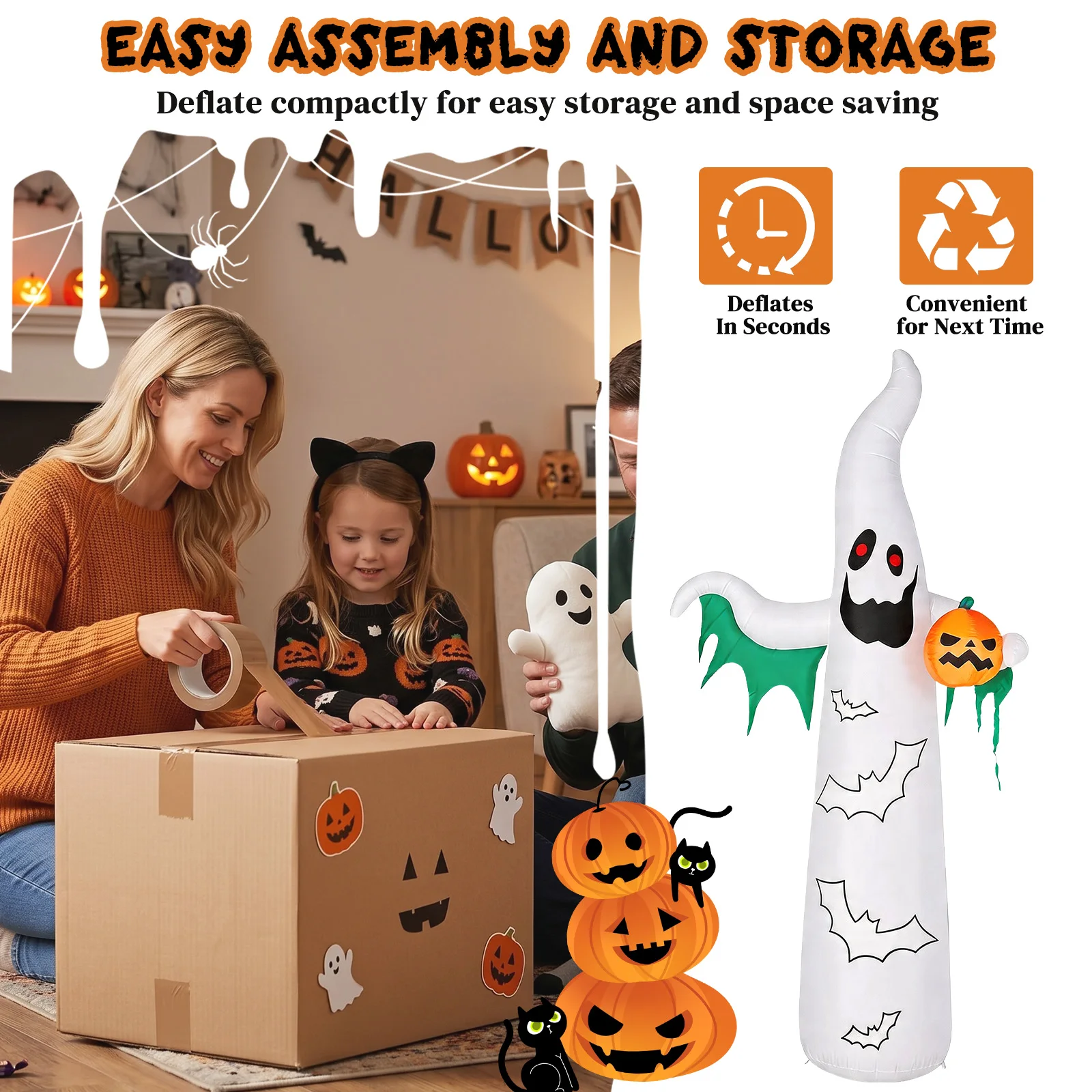 12ft Inflatable Halloween Decor with Flashing Bats & White Ghosts, 4 LED Lights + 82 String Lights, White & Green, 12V 1500mA US Power Adapter