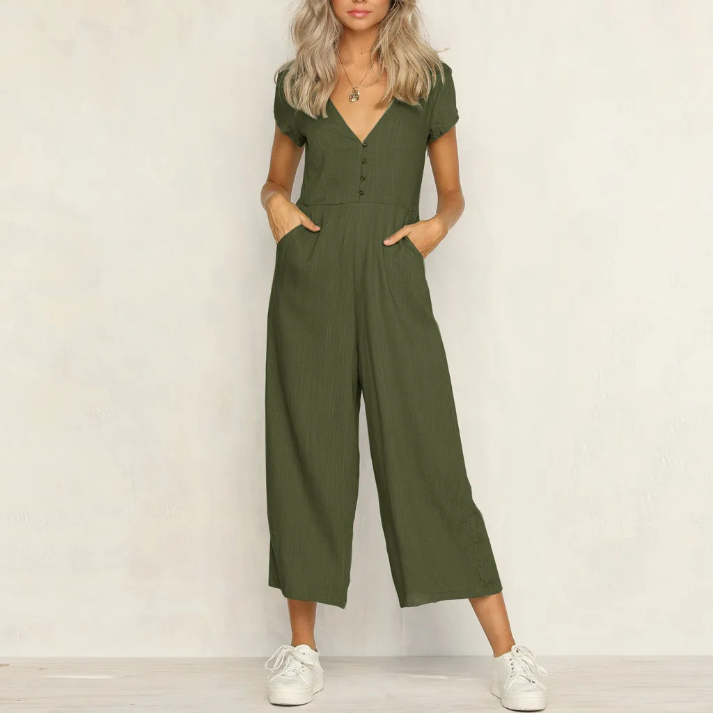 

Solid Color V-Neck Jumpsuit Women Summer Casual Short-Sleeved Women's Jumpsuit Buttoned Pockets Wide Leg Overall Rompers