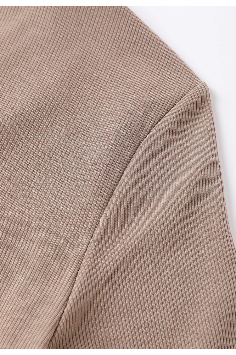 KL7523408 Designer-Stil Damen V-Ausschnitt Strickware Weiche Wollmischung Oberteil Slim Fit Geripptes Kurzarm-T-Shirt – Detail 18