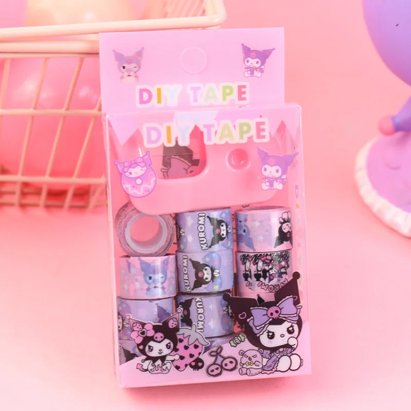 12 Rolls/box Sanrio Tape Sticker DIY Kawaii Kuromi Hello Kitty Cinnamoroll Tape Strips Adhesive Paper Photo Stickers Decorative