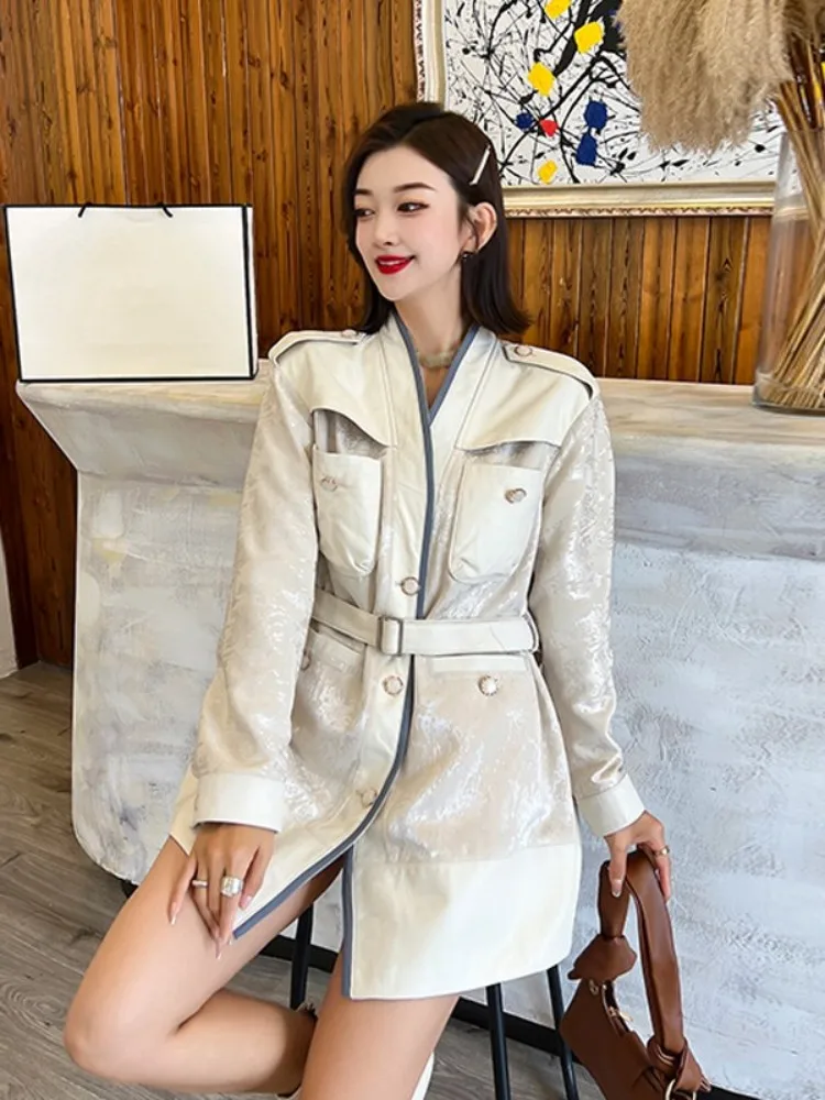 Office Ladies Luxury Designer Printed Patchwork Genuine Leather Coat Women Slim Fit V-Neck Elegant Real Sheepskin Long Jacket