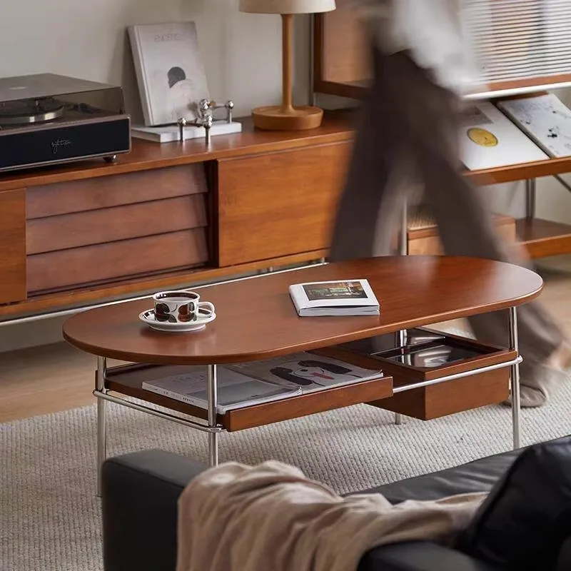 Mid-Century Modern Solid Wood Coffee Table Stainless Steel Frame Japandi Style Designer Living Room Center Table Luxury Villa