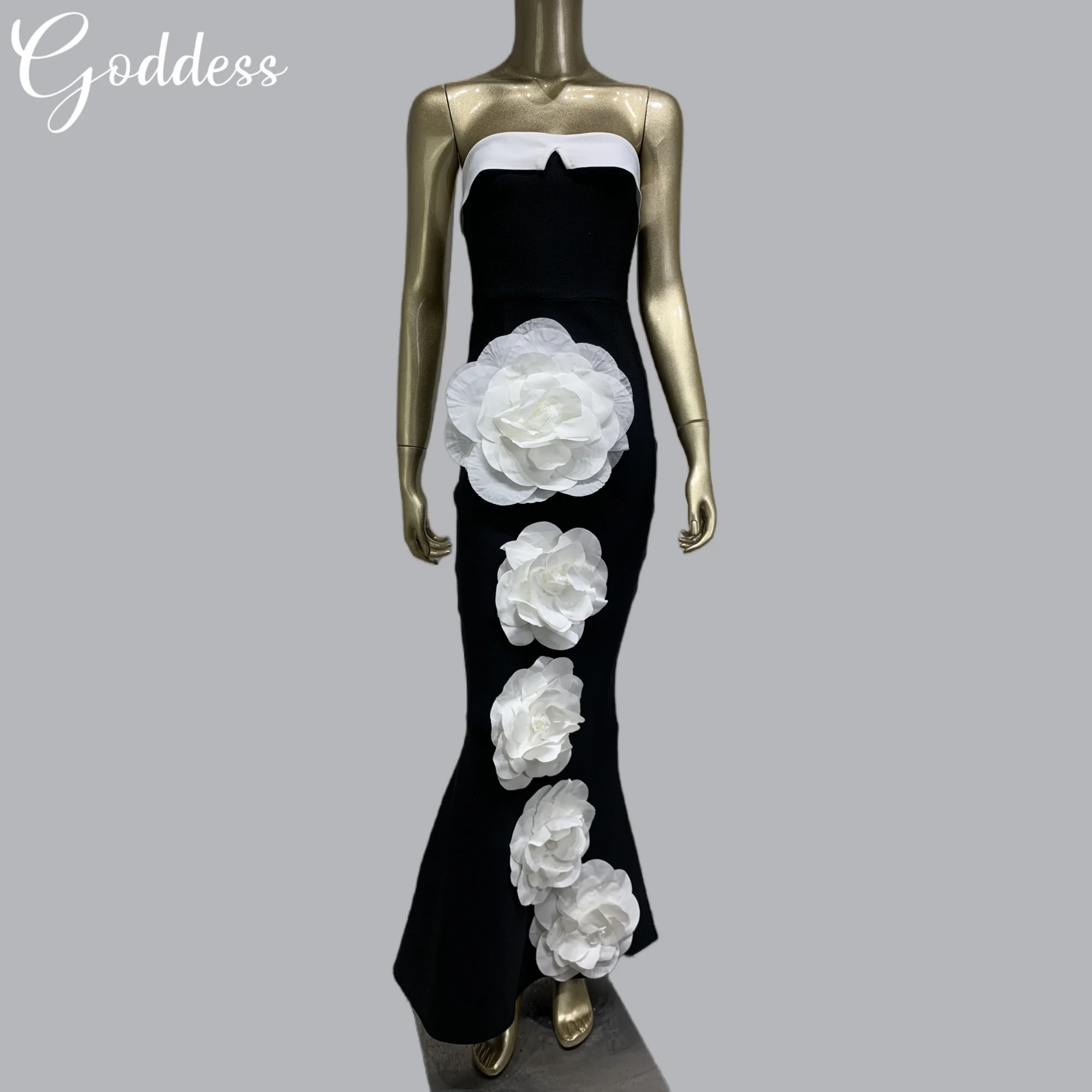 

High-end Women Tight Fitting Dress Bandage Black Long Dress Nightclub Party Strapless White Big Flower Strapless Evening Gown