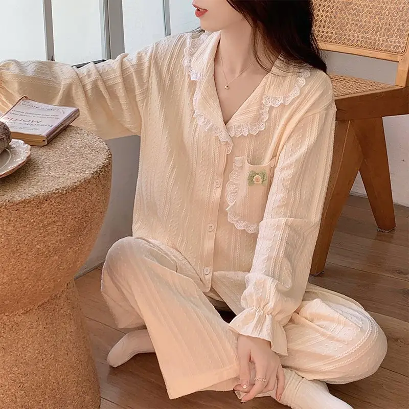 2024 Spring Autumn New Pajamas Women Simple Casual Cardigan Lapel Homewear Suit Female Pure Cotton Long-Sleeved Sleepwear Sets