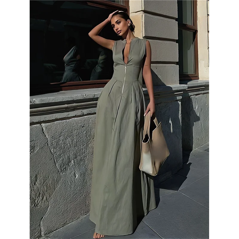 CGS-Abito longuette casual estivo diviso da donna con scollo a V profondo e maniche ad aletta con cerniera e vita elastica con tasche