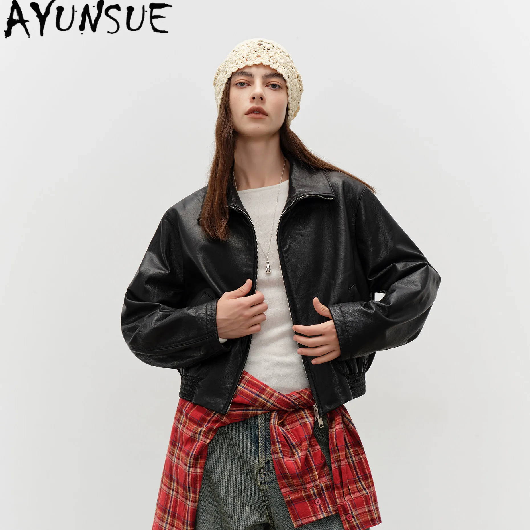 AYUNSUE Real Leather Jacket Woman Clothing 2026 Trendy Soft Sheepskin Leather Coat Women Spring Autumn Slim Fit Casaco Feminino