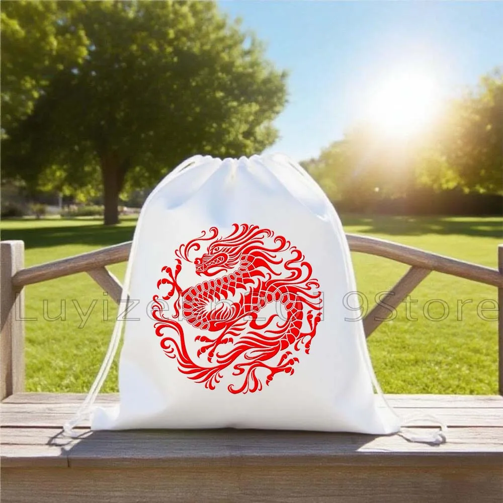 Traditional Red Blue Yellow Pink Chinese Dragon Circle Cute Gifts Drawstring Bags Soccer Backpack Gym Sports Sackpack String Bag