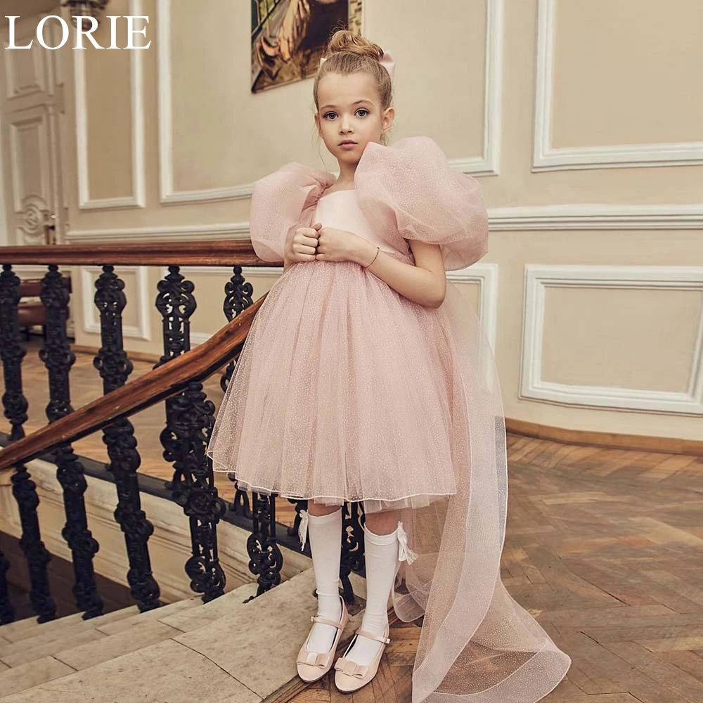 

LORIE Pink Dot Tulle Flower Girl Dresses A-Line Square Neck Pleated Bow Ribbons Puff Sleeves Cute Birthday Party Dress Customize