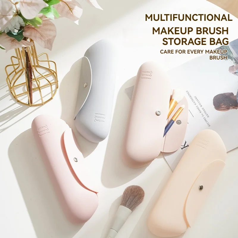 Organizador de cosméticos de silicona de lujo, bolsa de maquillaje de viaje a prueba de polvo para cepillos/lápices labiales, elegante estuche gris con tecnología antiarañazos
