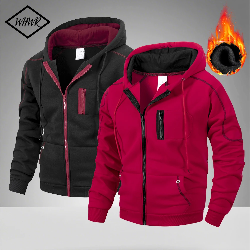 

Men's Full Zipper Jackets Autumn Winter Fleece Hooded Sweatshirts Outdoor Sports Running Cardigan Fashion Casual Jacket Coats