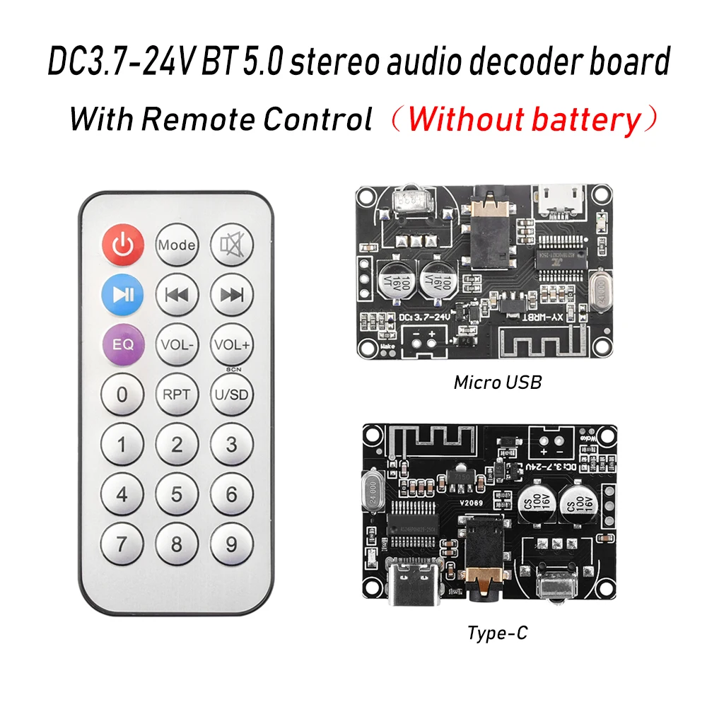 DC3.7-24V Stereo Audio BT 5.0 Decoding Board with Remote Control Type-C Micro USB 3.5mm Audio Interface For Headphone Speaker