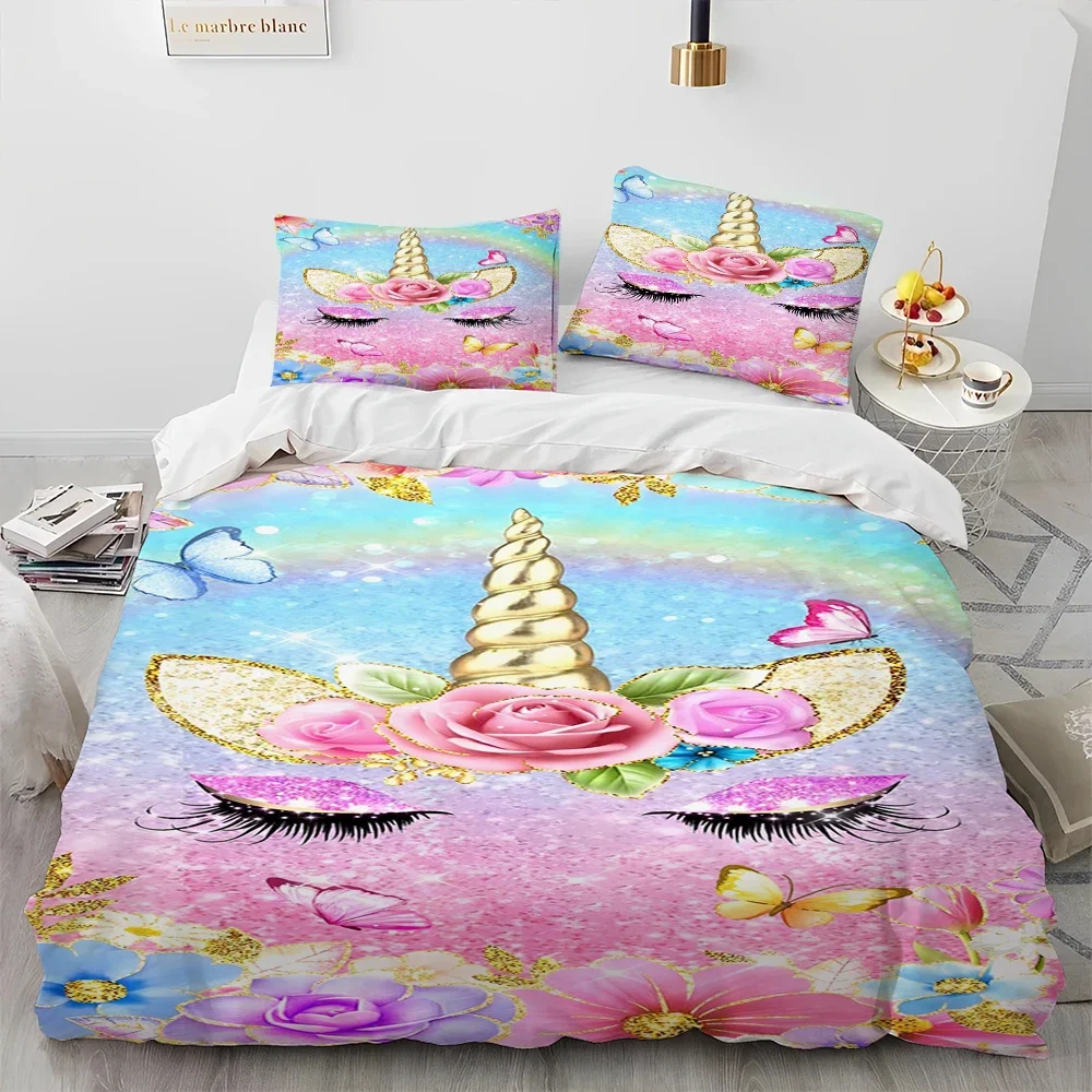 Cute Unicorn Cartoon Comforter Bedding Set,Duvet Cover Bed Set Quilt Cover Pillowcase,Queen Bedding Set for Child Boy Girl Gift