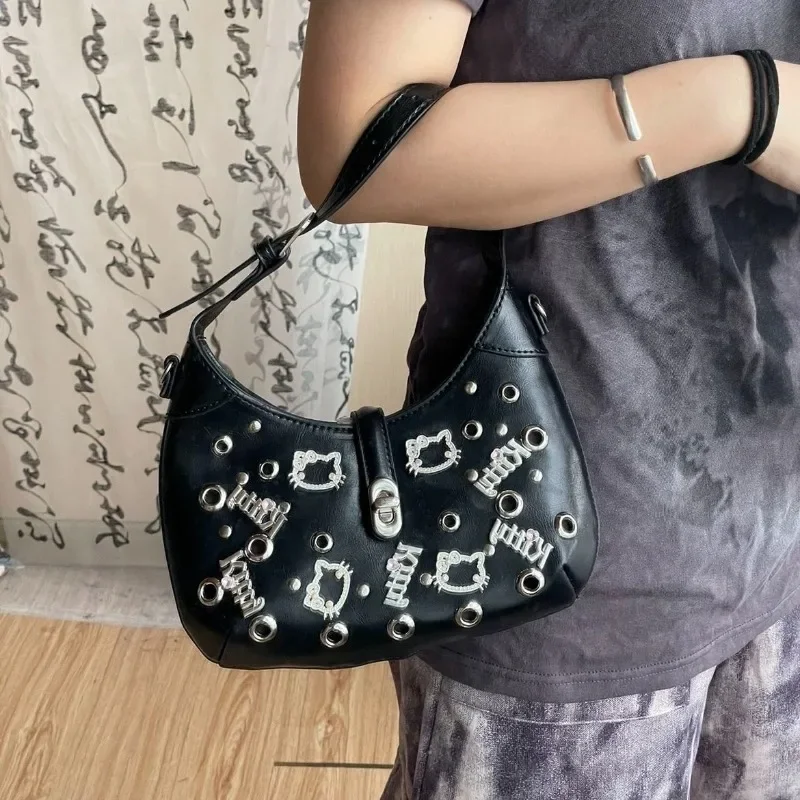 

MBTI Y2k Hello Kitty Womens Shoulder Bag Gothic Black Fashion Vintage Handbag Leather Harajuku Designer Female Square Armpit Bag