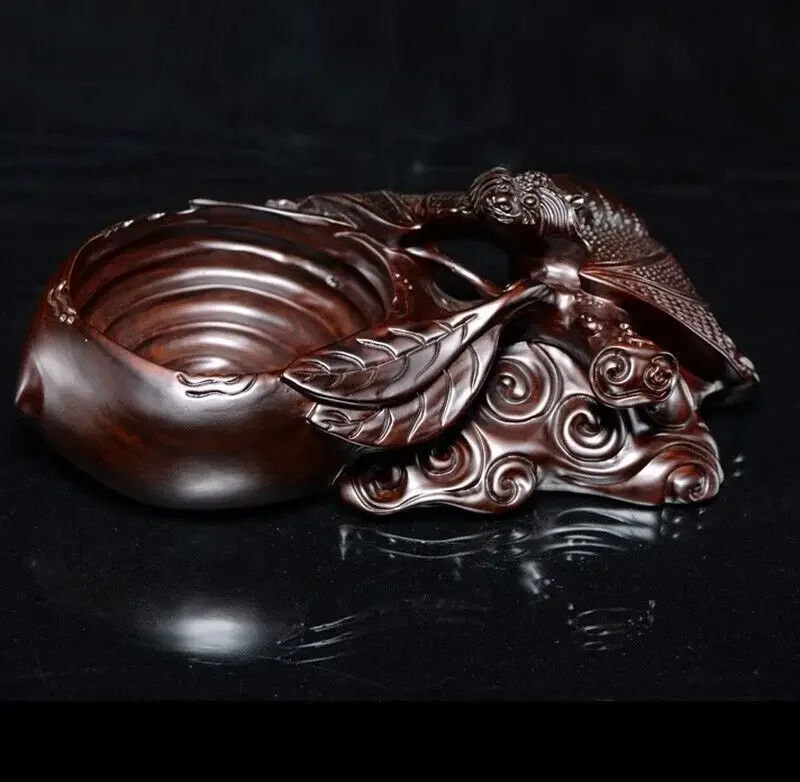 Natural Ebony Wood Carved Bat Ashtray Sculpture Table Decor