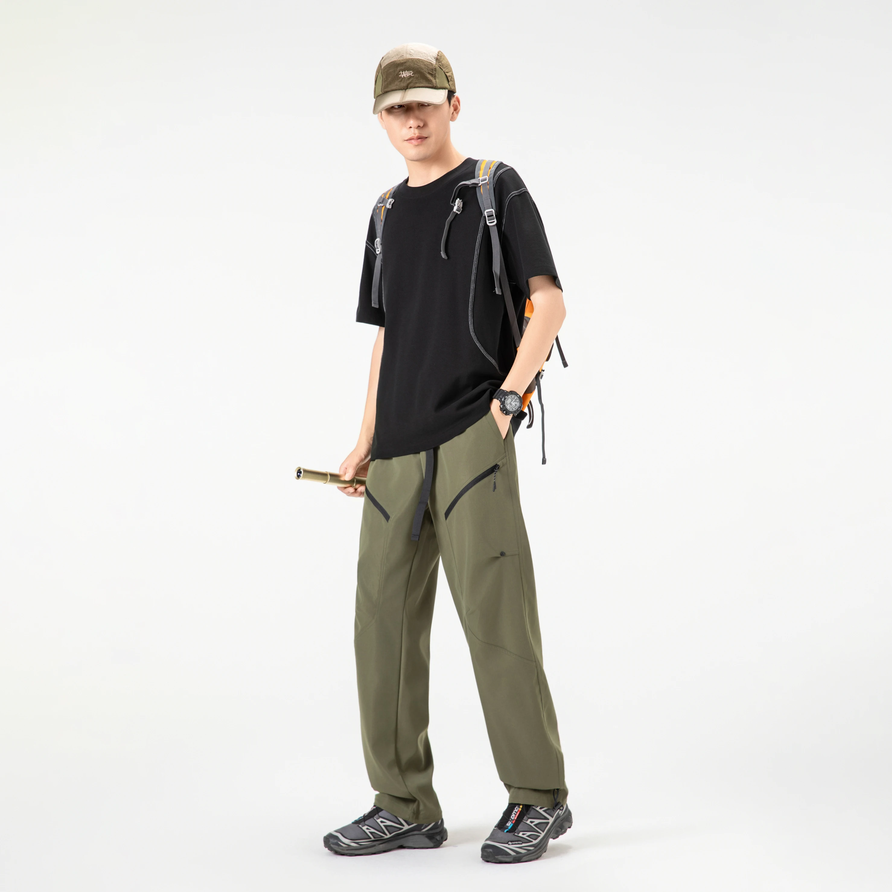 2025年秋 ドローストリング スウェットパンツ メンズ ホワイト ファッション ジッパー マルチポケット カジュアル ワイドパンツ ルーズ ストレート カジュアル 男性用