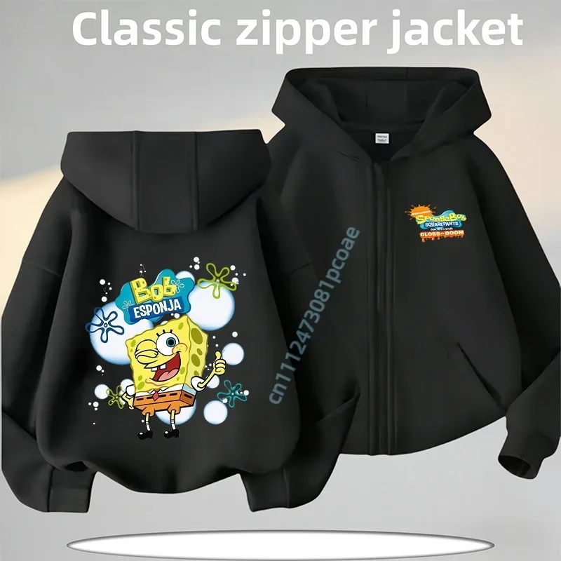 SpongeBob Cartoon Print New Style Children's Zippered Hooded Sweatshirt for Boys Casual Shirt Autumn/Winter Coat Sweatshirt