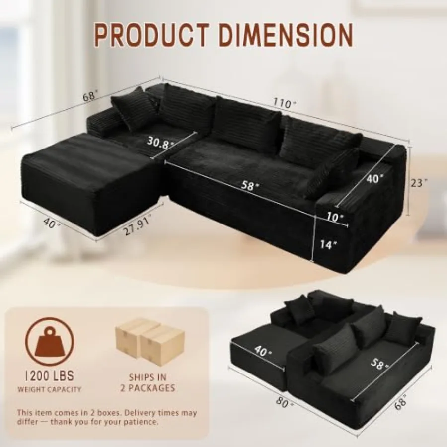 Living room sectional sofa, corduroy, beige, boneless modular design with chaise, deep seat, side pockets, no assembly required