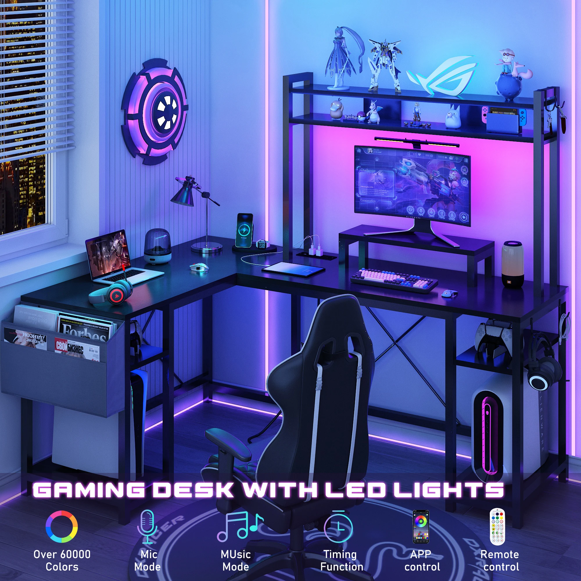 95.3 Inch L Shaped Gaming Desk with 2 Tier Storage Shelves, long Home Office Desk with Power Outlet & LED Lights, Monitor Stand