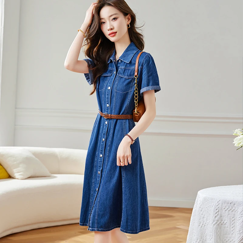 

2023 New Design Women's Single Breasted Jean Suit Summer A-Line Jean Dresses Ladies Elegant Shirt Collar Long Dress with Belt