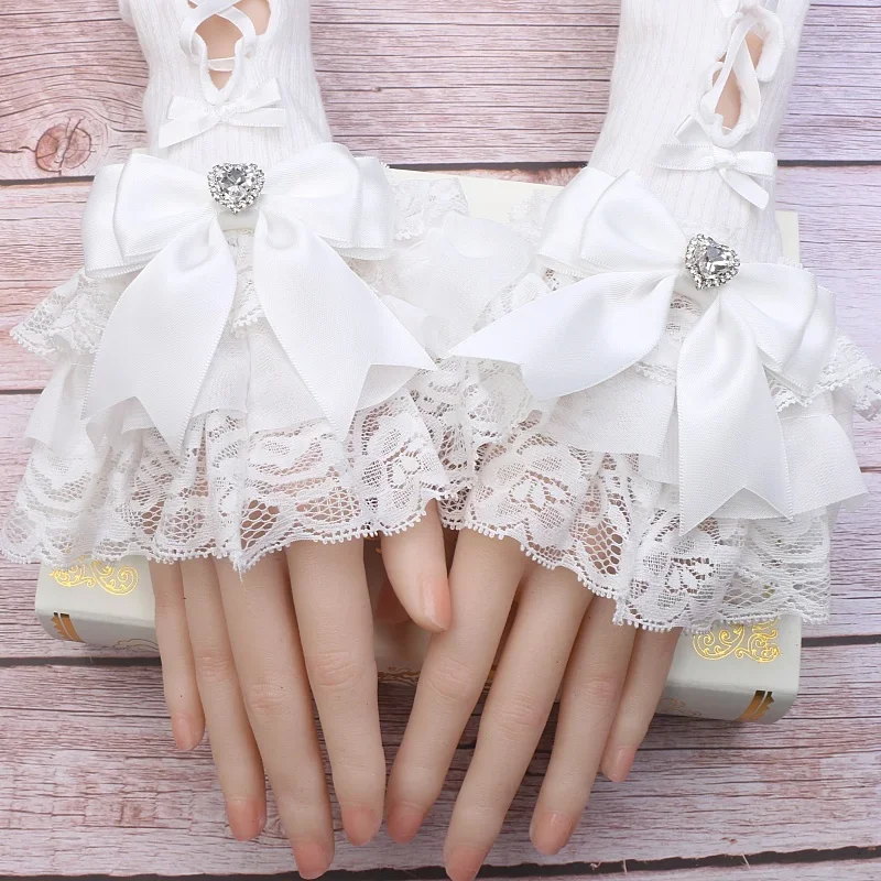 Handmade Sweet Women\'s Lolita Mine Lace Bow Rhinestone Oversleeves Girls Japanese Style Lace Sleeves Mittens