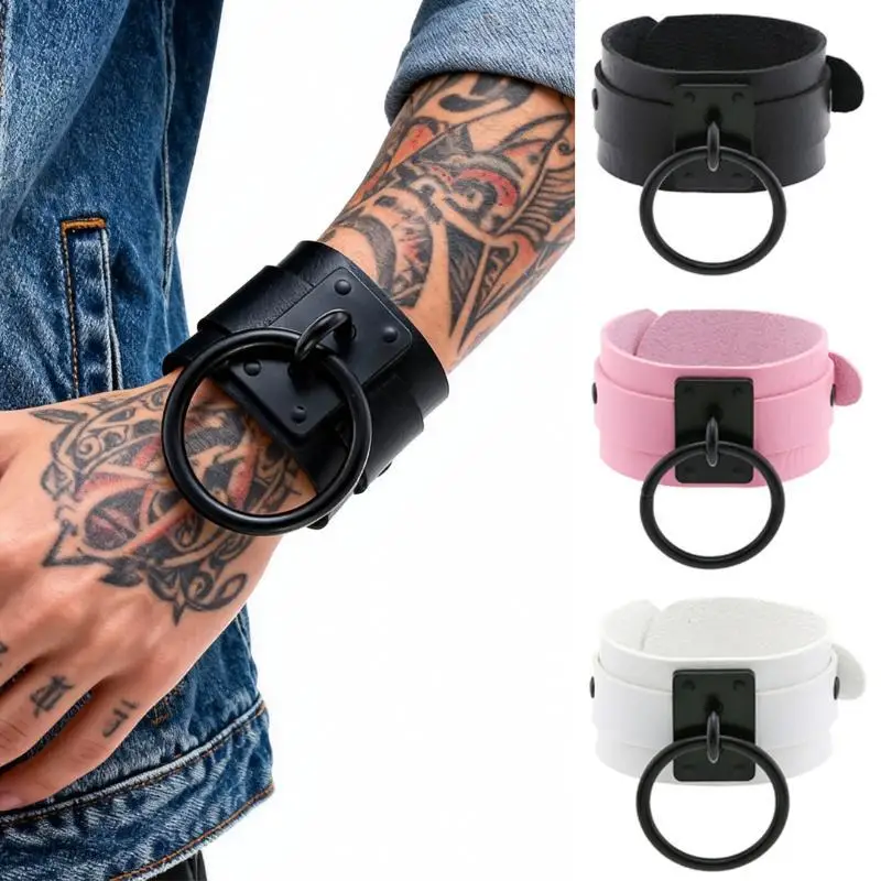 Large O Ring Wide PU Leather Punk Bracelet Adjustable for Gothic Cosplay Concerts Costume Accessories