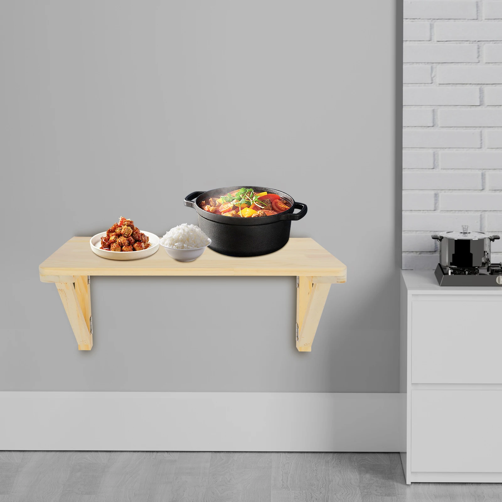 

80x60cm Wall Mounted Pine Wood Folding Table,Wood Color Wall Mounted Desk for Balcony, Office